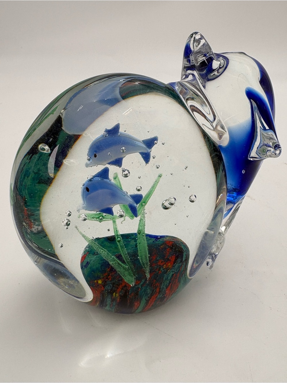 Gorgeous Vintage Glass Aquarium with Dolphin and Fish Paperweight